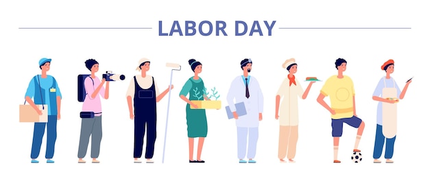 Vector labor day international industrial workers group people professional careers different girls boys on job banner may holiday vector flyer