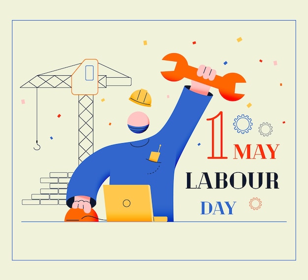 Labor Day May 1st A character with a wrench and a laptop on the background of a crane