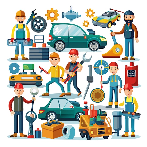 Vector labor day mechanic with working equipment set in flat design style