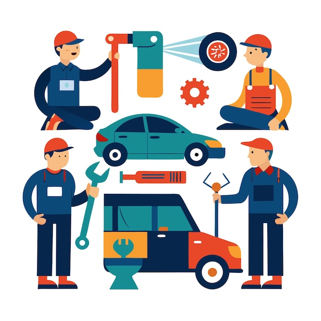 Vector labor day mechanic with working equipment set in flat design style