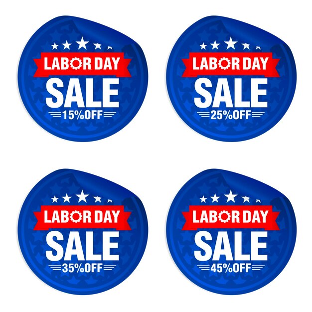 Vector labor day sale blue stickers set with red ribbon sale 15 25 35 45 off