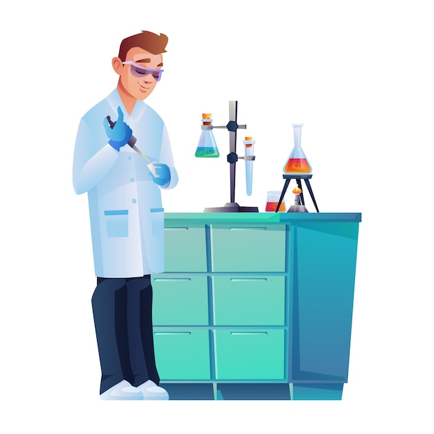 Laboratory assistant in safety glasses conducting experiment