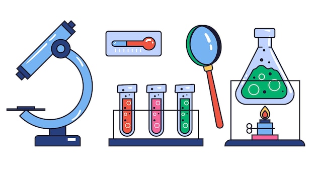 Laboratory chemistry science medicine bottle flask line art outline isolated set collection concept