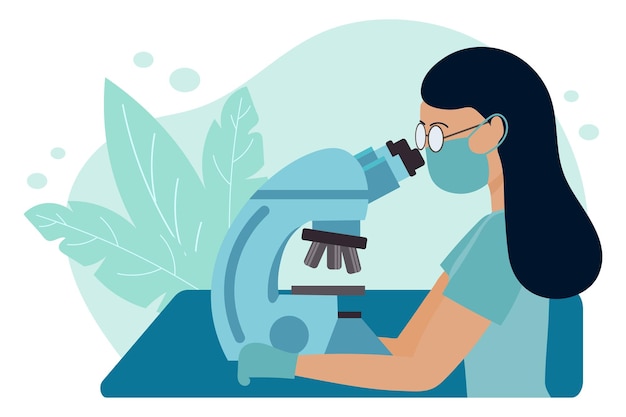 Laboratory concept A woman in glasses with a microscope conducts research Biologist chemist