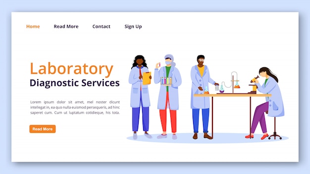 Laboratory diagnostic services landing page vector template. Medical examination website with flat illustrations. Website design