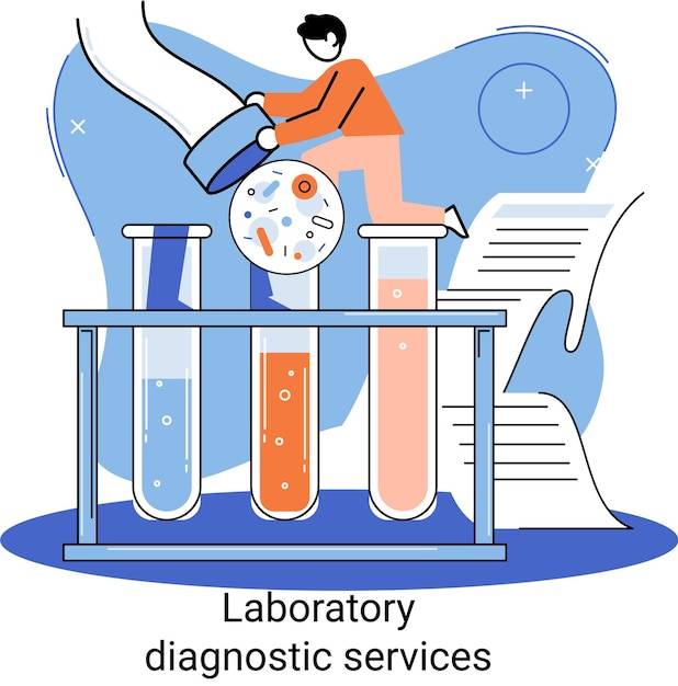 Vector laboratory diagnostic services metaphor health indicators research treatment medical examination clinic health care and routine survey by doctor analyzes prescriptions of medications lab equipment