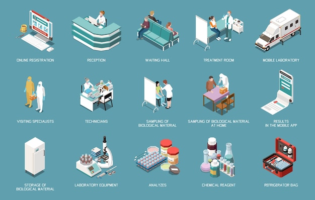 Laboratory diagnostics analysis service isometric set with isolated icons of test equipment with characters of doctors vector illustration