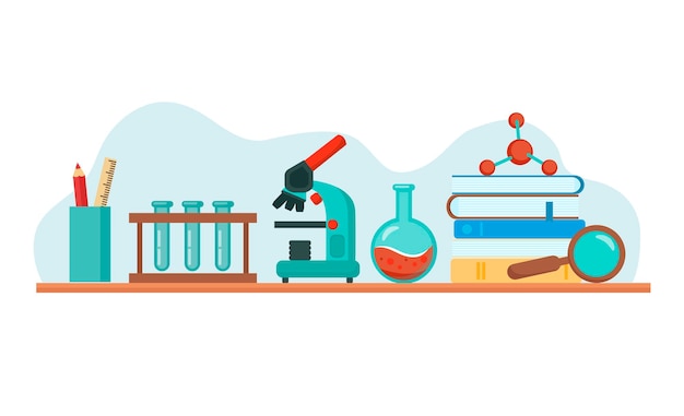 Laboratory equipment - beakers, microscope, flasks. Vector colorful cartoon style illustration on white background.