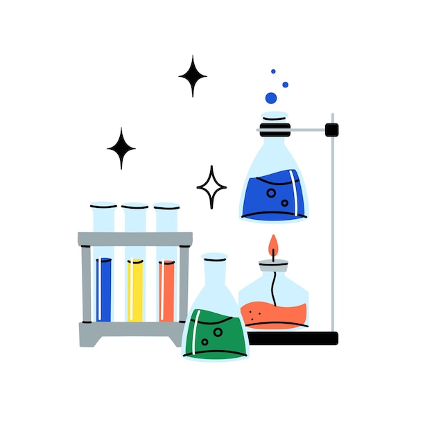 Laboratory equipment Lab glassware Chemical reagents in glass bottles and rest tubes and flasks Medical scientific research tools Doodle drawing Vector cartoon flat isolated illustration