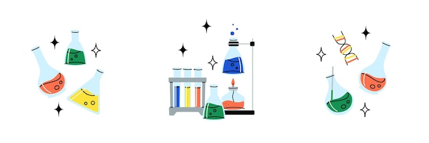 Laboratory equipment Lab glassware Chemical reagents in glass bottles and rest tubes and flasks Medical scientific research tools Doodle drawing Vector cartoon flat isolated illustration