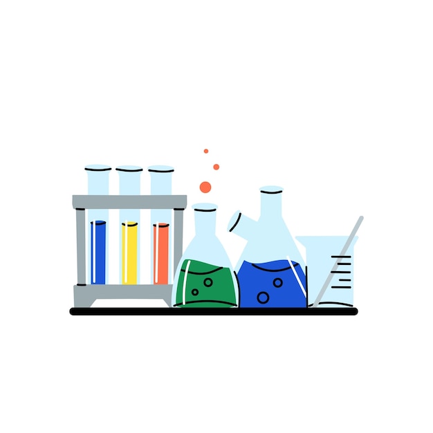 Laboratory equipment Lab glassware Chemical reagents in glass bottles and rest tubes and flasks Medical scientific research tools Doodle drawing Vector cartoon flat isolated illustration