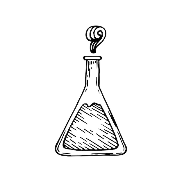 Laboratory flask sketch Chemical experiments line art Test tube with liquid Hand drawn doodle vector illustration