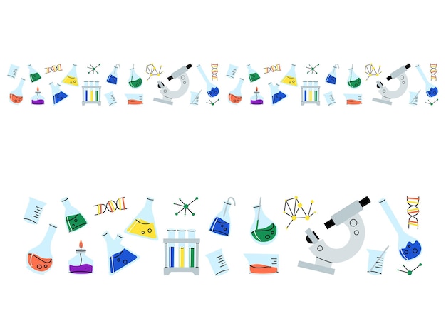 Laboratory glassware border Chemical reagents in glass bottles and rest tubes and flasks frame Medical lab equipment Scientific research tools Doodle vector cartoon isolated background