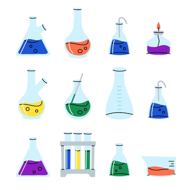 Laboratory glassware Chemical reagents in glass bottles and rest tubes and flasks Medical lab equipment Scientific research tools Doodle drawing Vector cartoon flat isolated illustration