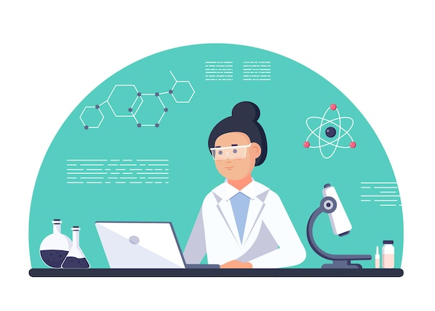 Laboratory researcher - Isolated scientist woman in lab coat with chemical glassware