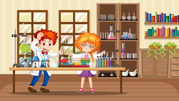 Laboratory scene with scientist cartoon character