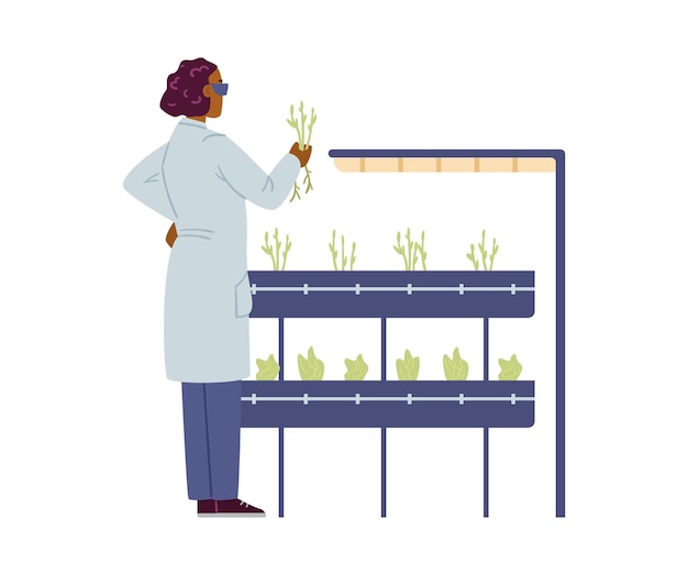 Vector laboratory scientist watching plants growth flat vector illustration isolated