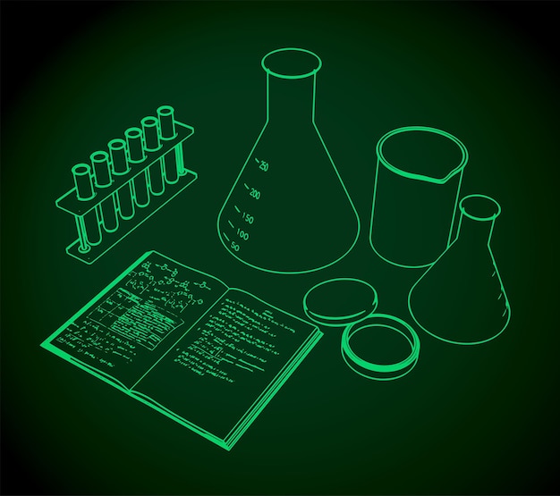 Laboratory test tubes flasks and workbook