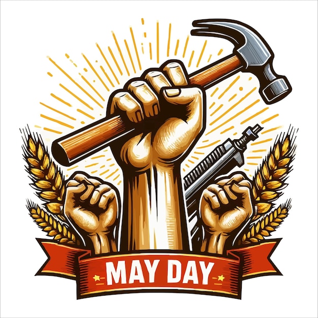 Labours hand rising with holding hammer may day concept