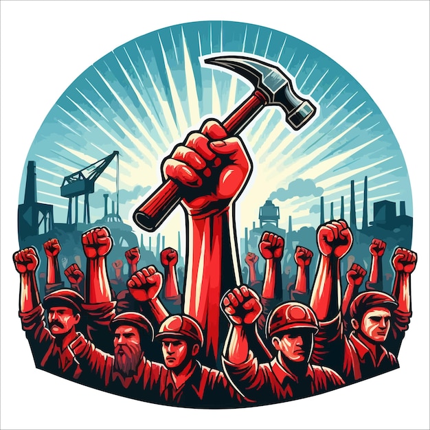 Labours hand rising with holding hammer may day concept