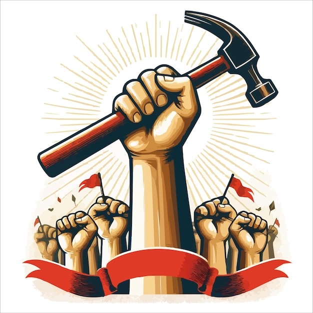 Labours hand rising with holding hammer may day concept