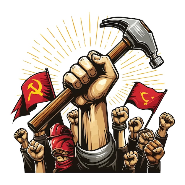 Labours hand rising with holding hammer may day concept