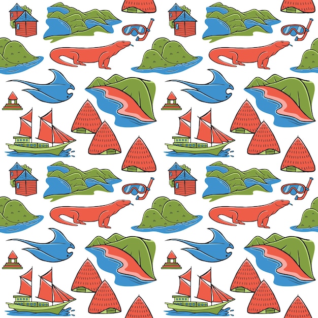 labuan bajo seamless pattern in flat design style