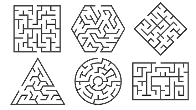 Labyrinth game in different graphic shapes for right or wrong paths