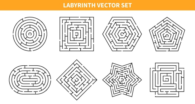 Labyrinth game set with eight isolated maze schemes of various shapes