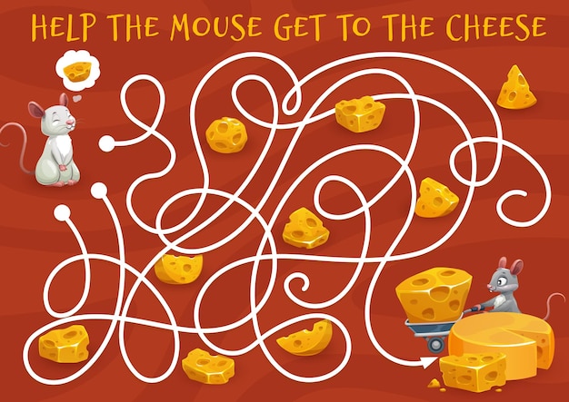 Labyrinth maze cartoon mouse looking for cheese