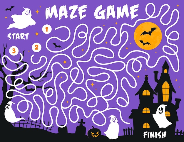 Labyrinth maze game Halloween ghosts on cemetery