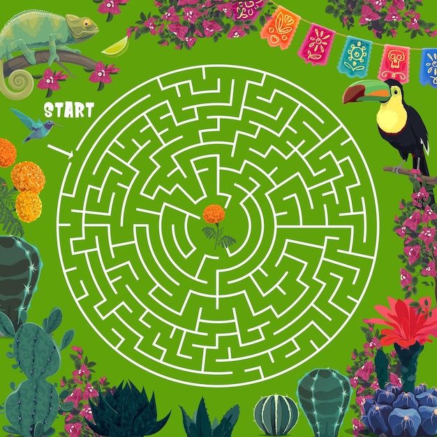 Labyrinth maze game with mexican plants animals