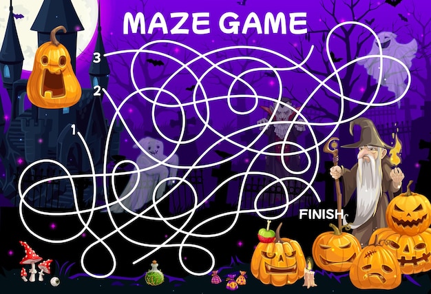 Labyrinth maze help mage find Halloween pumpkin