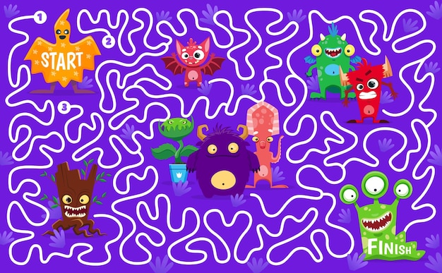 Labyrinth maze with creepy monsters personages