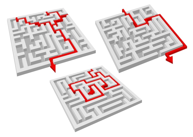 Labyrinth puzzles with red arrow solutions showing the way through the tunnels to the center or exit, isolated on white