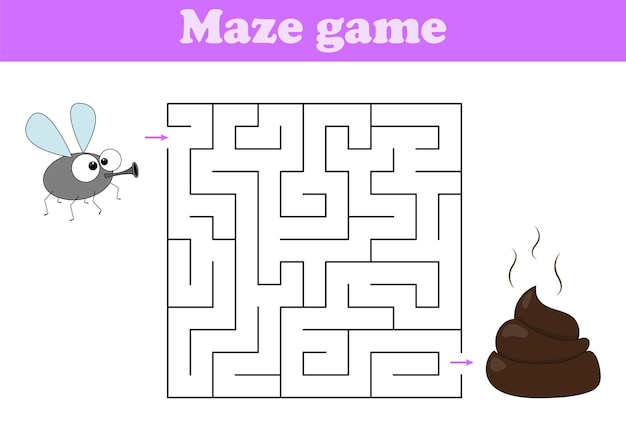 Labyrinth with fly and bunch of shit Vector round maze Children colorful puzzle Find right way