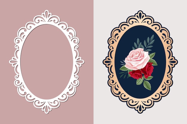 Lace oval frame cut template Vintage background with rose flower in an openwork frame vector