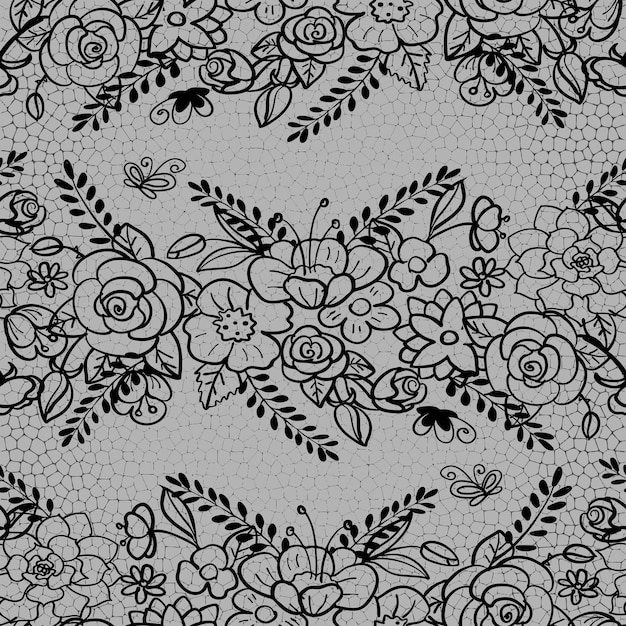 Lace seamless  pattern with flowers. Black lace on gray background