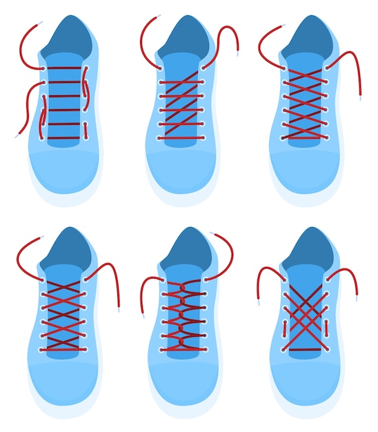 Laces for footwear, types of lacing of laces. Gym shoes with laces top view.