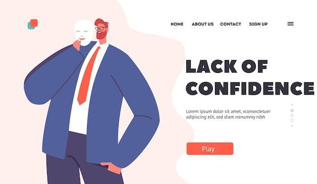 Lack of Confidence Landing Page Template Male Character Hide Face behind of Smiling Mask Imposter Syndrome Hypocrisy