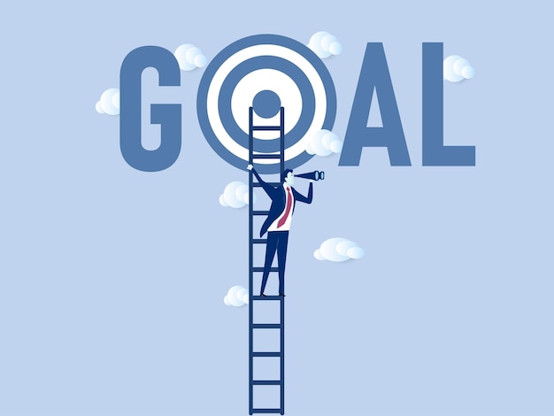 Ladder to reach goal target and achievement challenge to find success business objective or purpose concept vector illustration