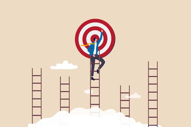 Ladder of success to reach goal or target challenge to achieve goal strategy or motivation to win competition ambition or aspiration concept businessman climb up the right ladder to reach goal