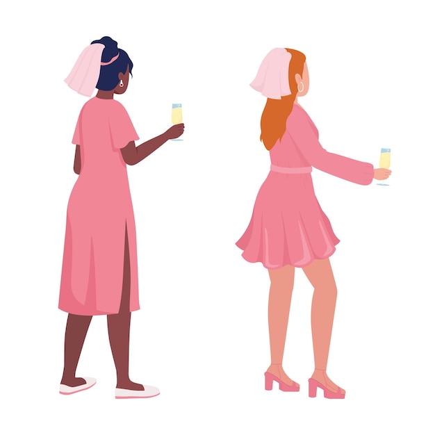 Ladies in pink semi flat color vector characters set