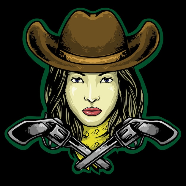 lady cowboy with hat and gun logo mascot  