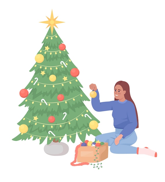 Lady decorating christmas tree semi flat color vector character