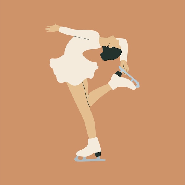 Lady is figure skating hand drawn illustration in flat cartoon style