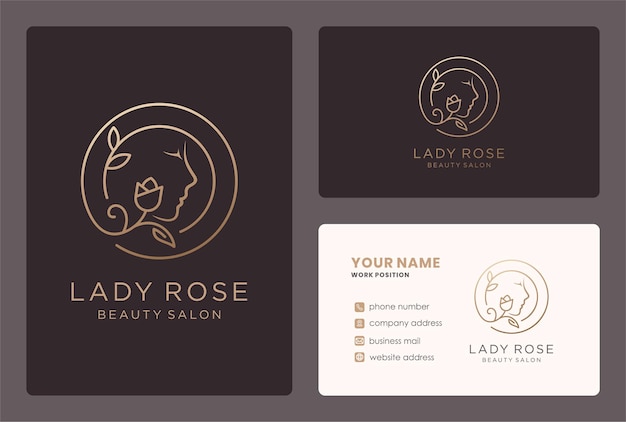 Lady rose logo with business card design in a golden color.