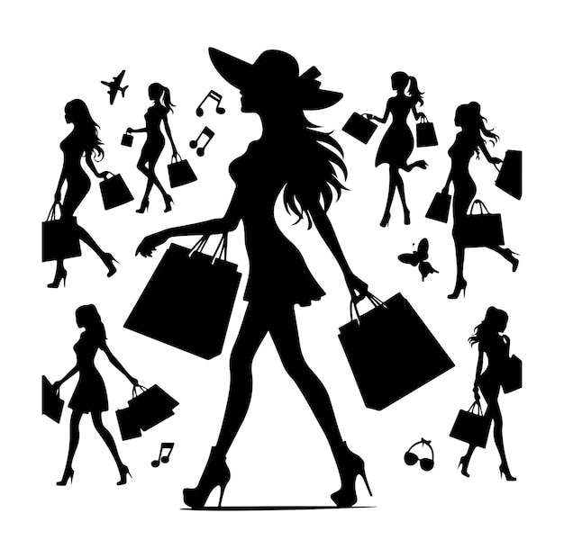 Lady shopping girl vector silhouette