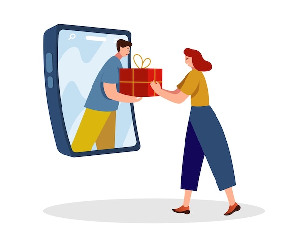 Lady standing near mobile phone, getting parcel from online courier. Shopping online concept. E-commerce and business illustration set in flat style. Costumers made purchase. Vector flat illustration