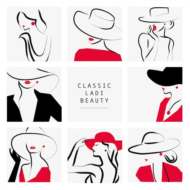 Vector lady style. lady in hat portrait collection,  illustration.